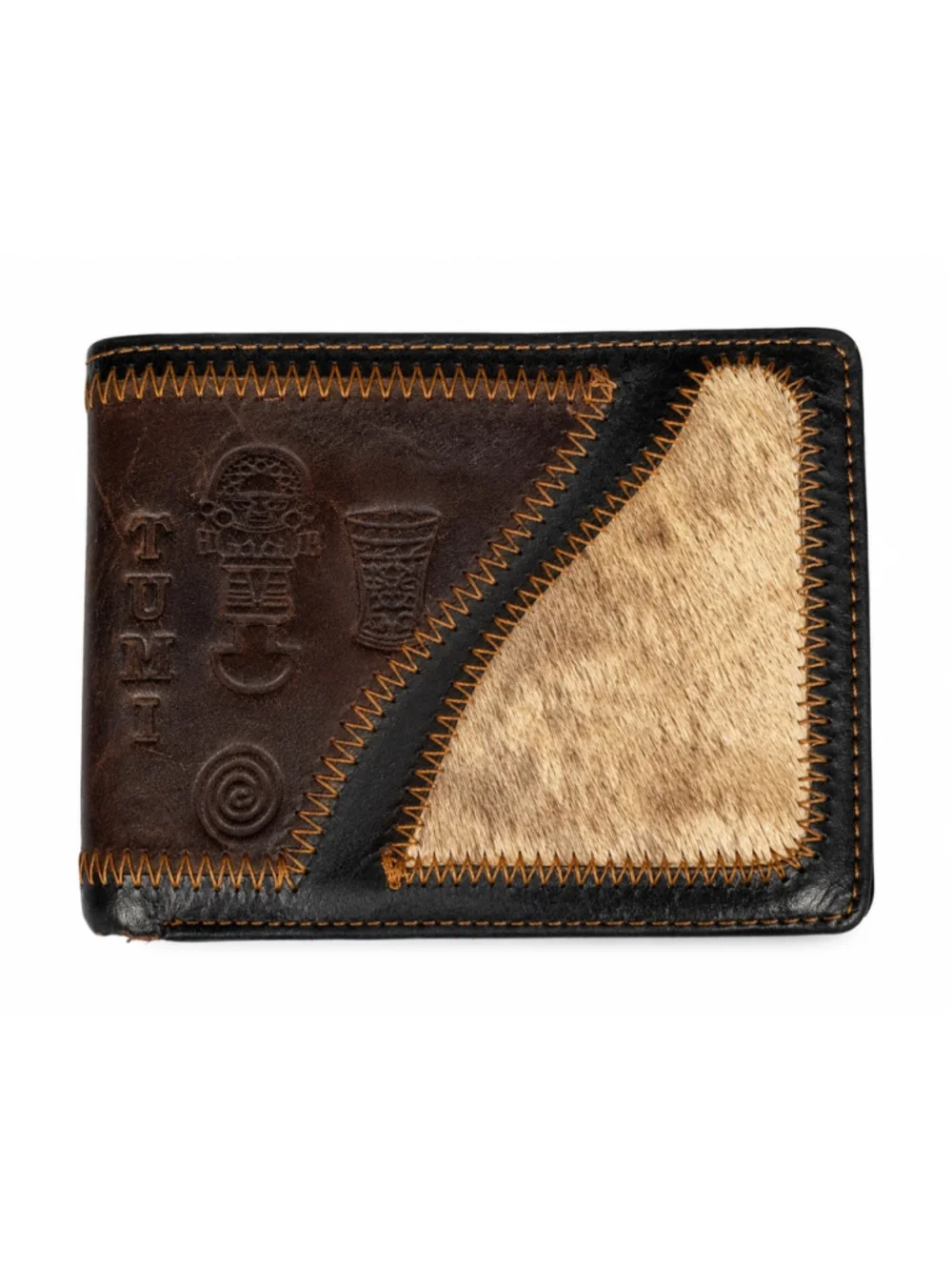 Tumi Leather Hair-On-Hide Bifold Wallet Brown Patchwork Southwestern Coin Zip